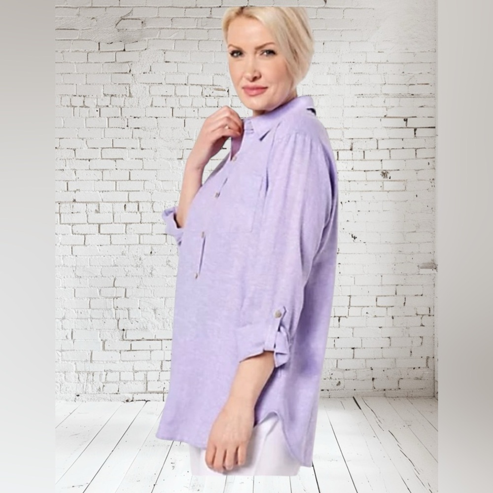 Susan Graver Pure Lavender Linen Tunic | Size Small | NWT | Button‑Up Elegance